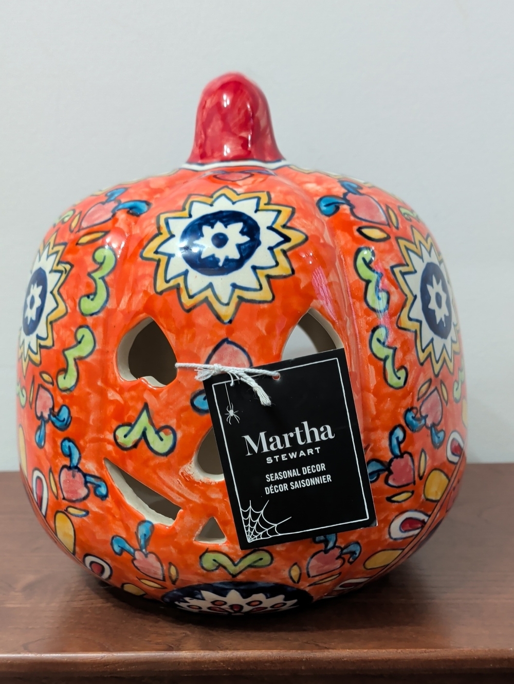 Martha Stewart Bright Orange Floral Ceramic Pumpkin Lantern